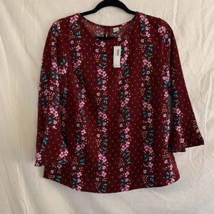 Old Navy Burgundy Floral Ruffle Blouse Top